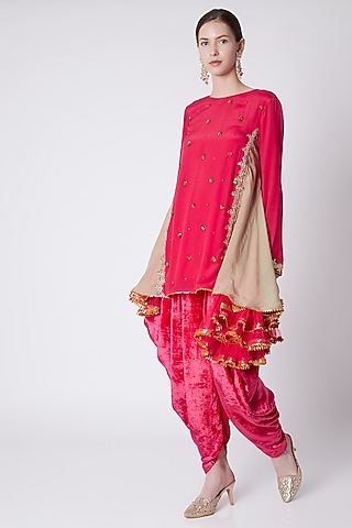 Mauve Asymmetric Embroidered Tunic & Dhoti by Nikasha