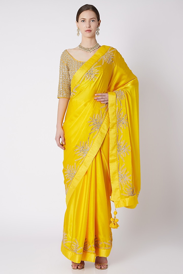 Yellow Embroidered Saree Set by Nikasha