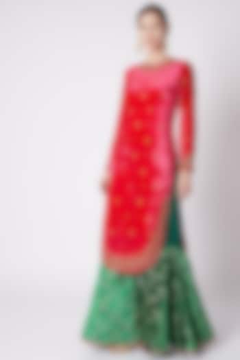 Red & Emerald Green Embroidered Sharara Set by Nikasha