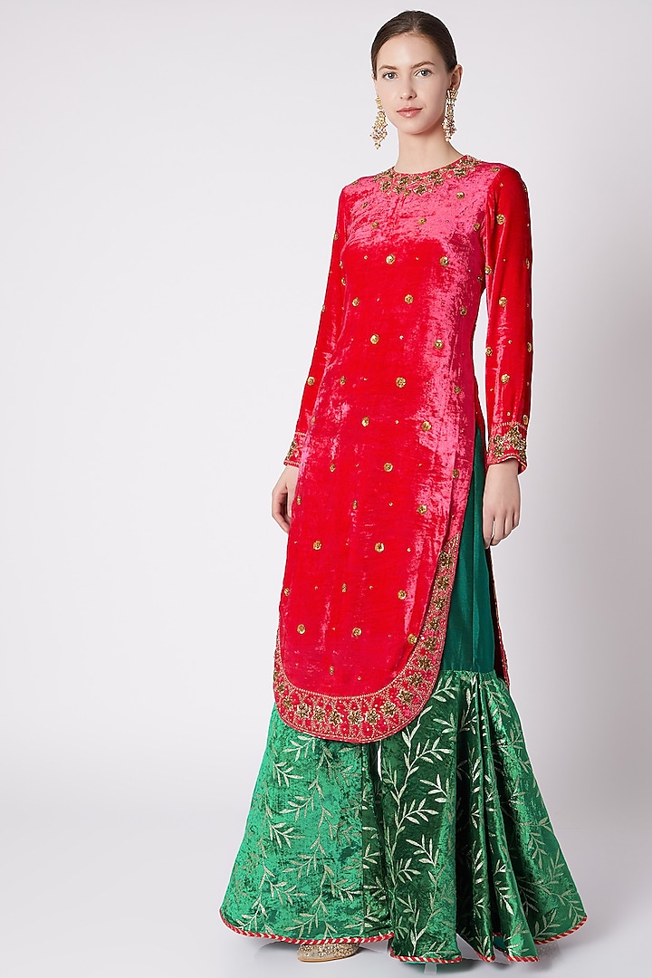 Red & Emerald Green Embroidered Wedding Sharara Set by Nikasha at Pernia's Pop Up Shop