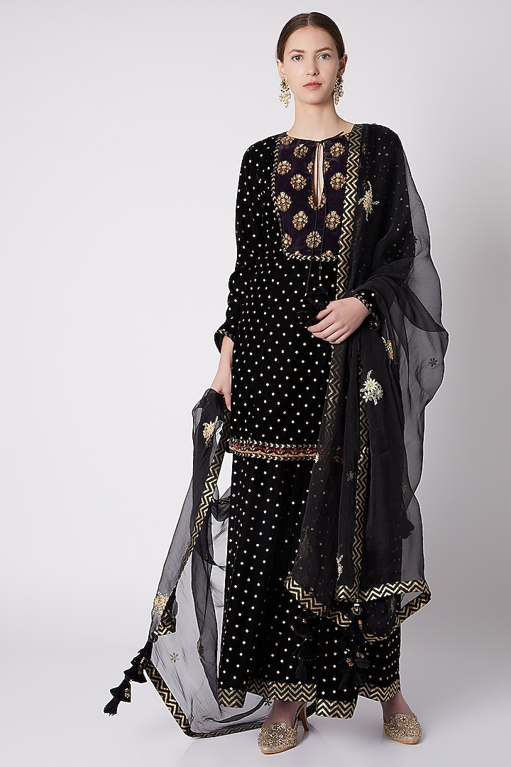 Black Printed & Embroidered Sharara Set by Nikasha