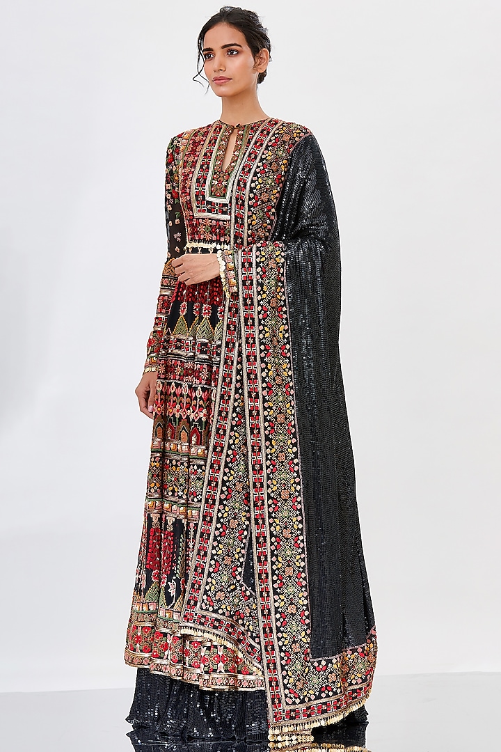 Black Embroidered Anarkali Set by Nakul Sen