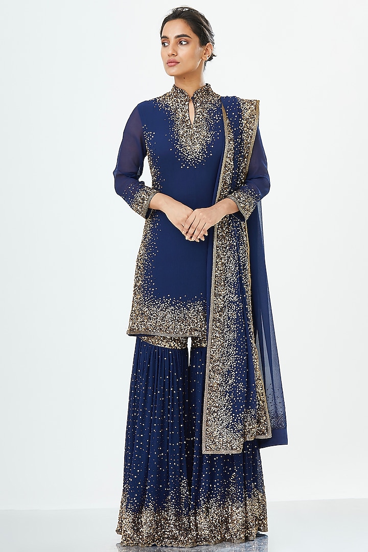 Navy Blue Embroidered Bridal Sharara Set by Nakul Sen at Pernia's Pop Up Shop