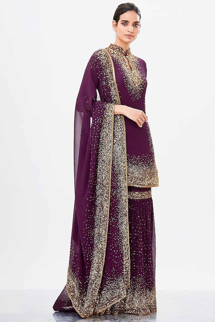 Aubergine Embroidered Bridal Sharara Set by Nakul Sen at Pernia's Pop Up Shop