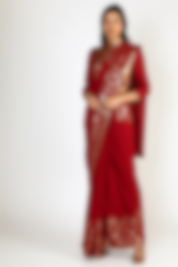 Red Ikat Sequins Embroidered Saree Set by Nakul Sen