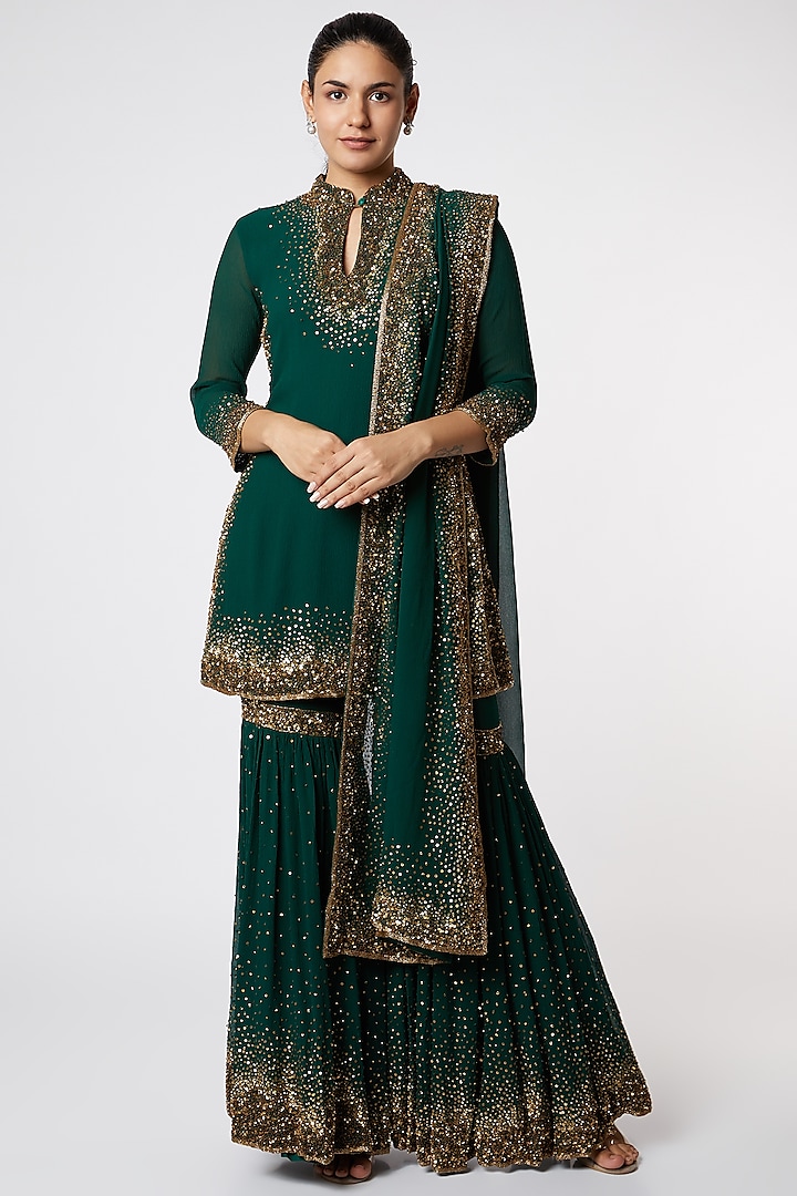 Emerald Green Embroidered Sharara Set Design by Nakul Sen at Pernia's ...