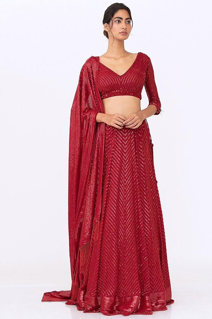  Red Sequins Embroidered Lehenga Set by Nakul Sen