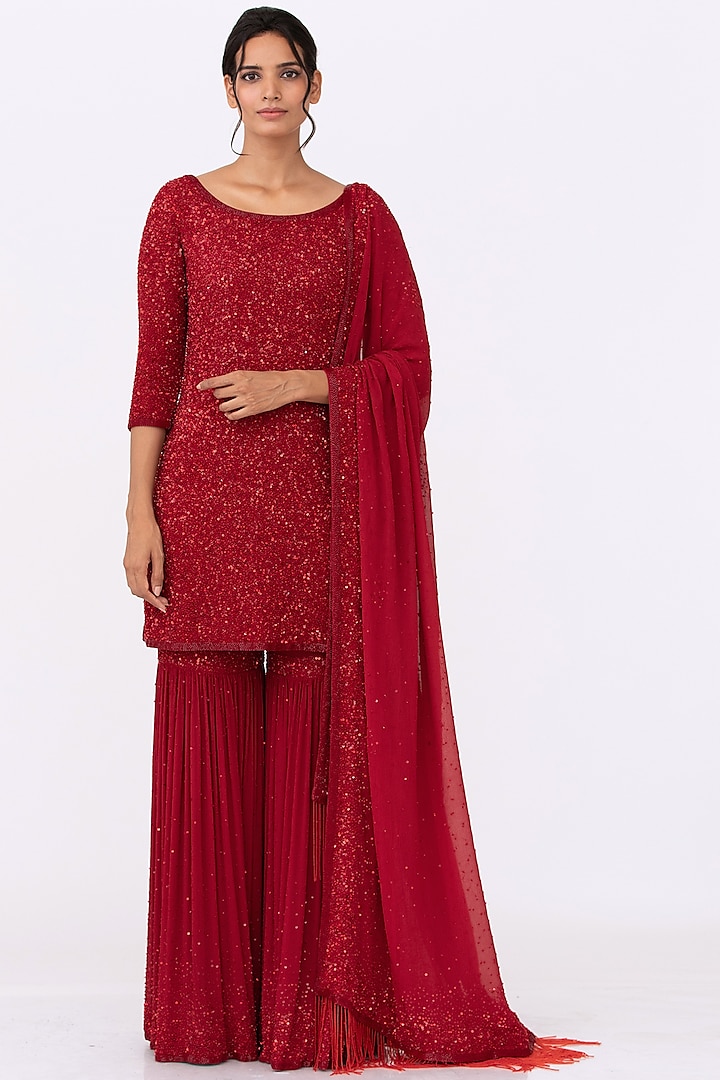  Red Embroidered Sharara Set by Nakul Sen at Pernia's Pop Up Shop