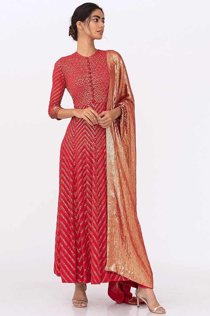  Red Embroidered Anarkali Set by Nakul Sen