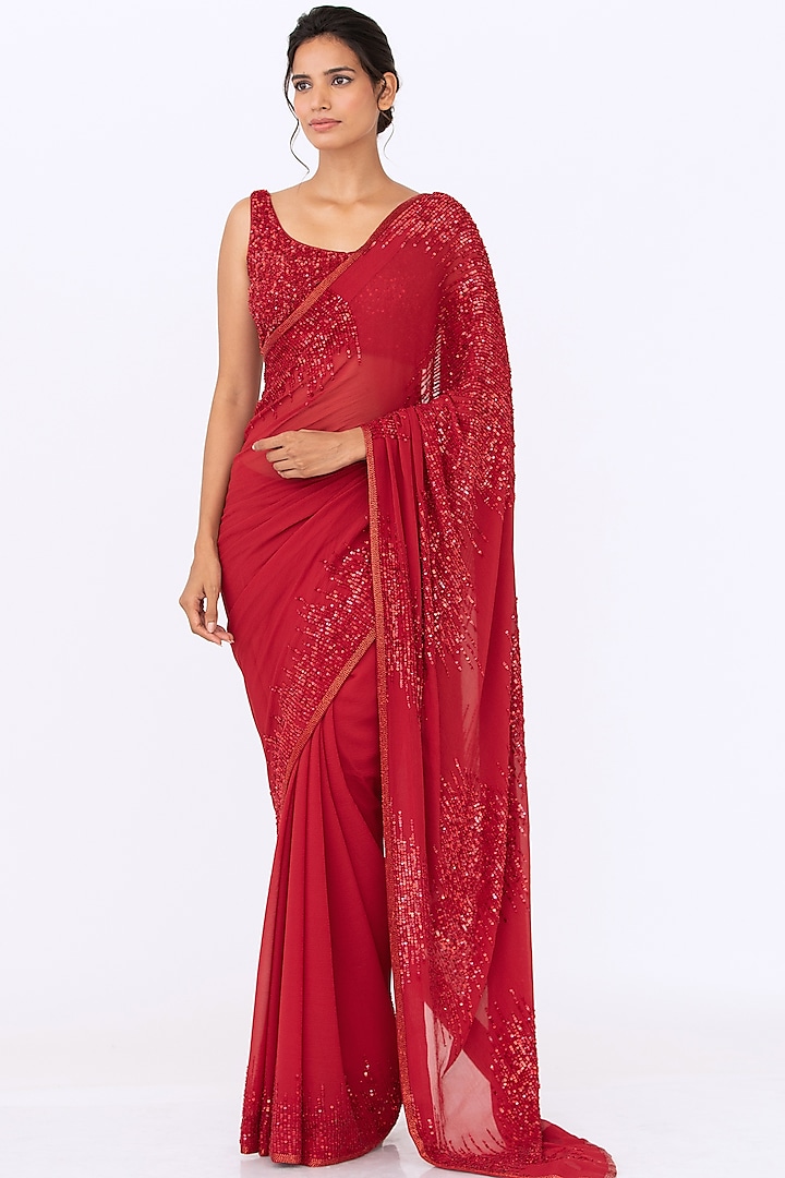  Red Embroidered Saree Set by Nakul Sen
