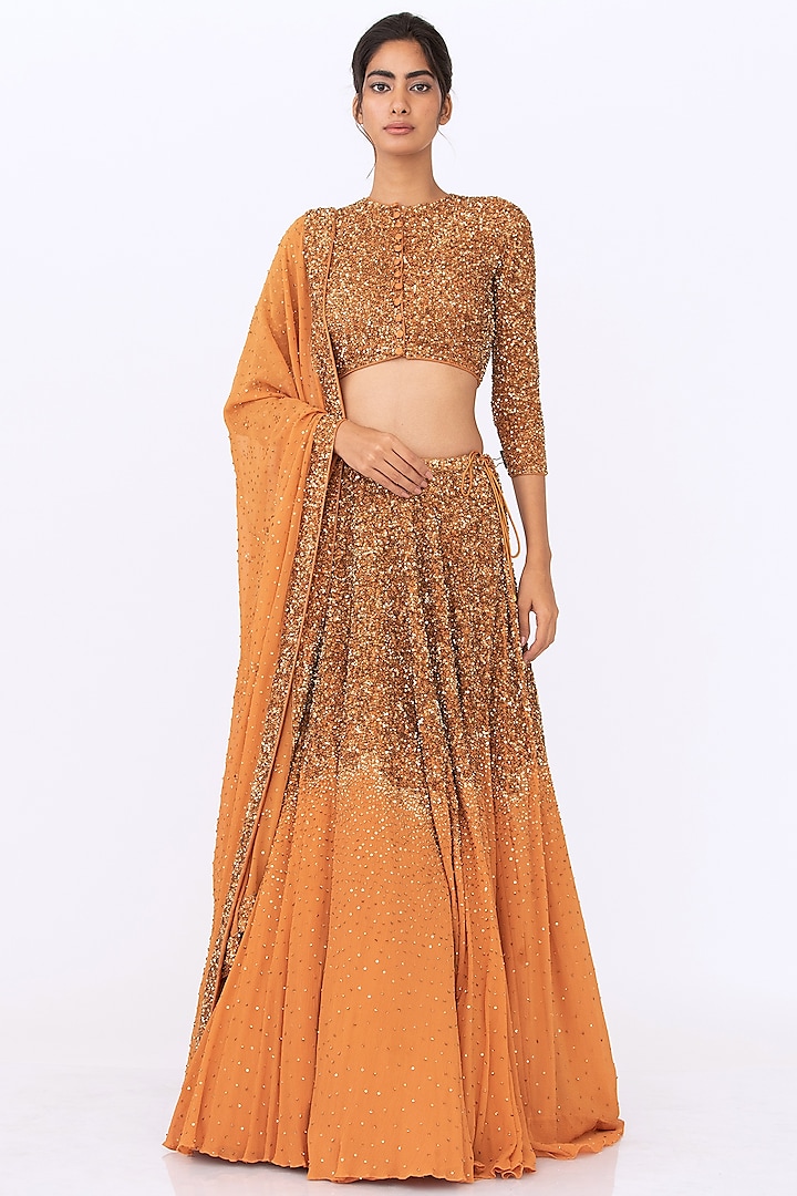 Mandarin Orange Sequins Embroidered Bridal Lehenga Set by Nakul Sen at Pernia's Pop Up Shop