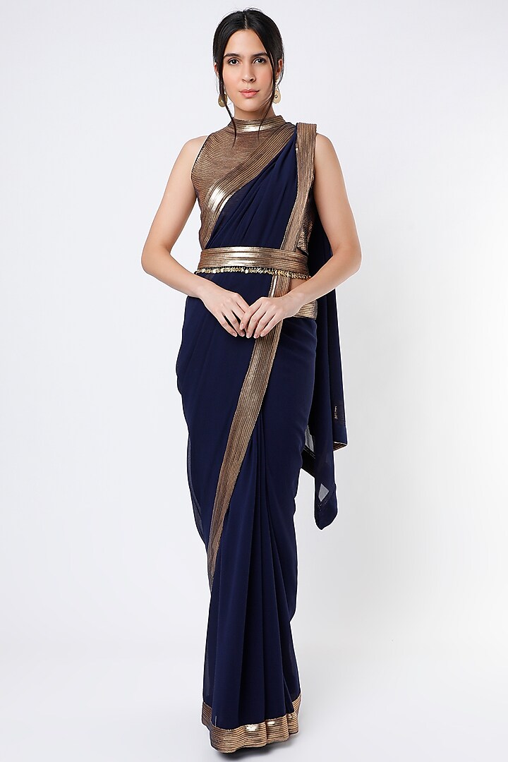 Navy Blue Embroidered Saree Set WITH BELT by Nakul Sen