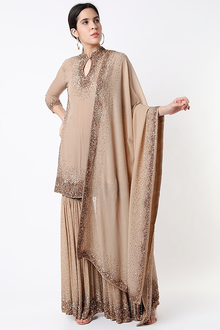 Beige Embroidered Sharara Set by Nakul Sen at Pernia's Pop Up Shop