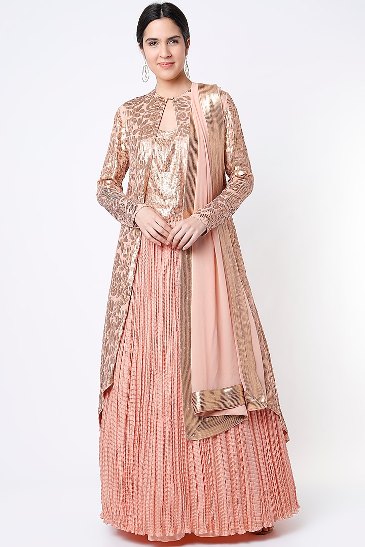 Quartz Pink Chiffon Asymmetrical Jacket Set by Nakul Sen at Pernia's Pop Up Shop