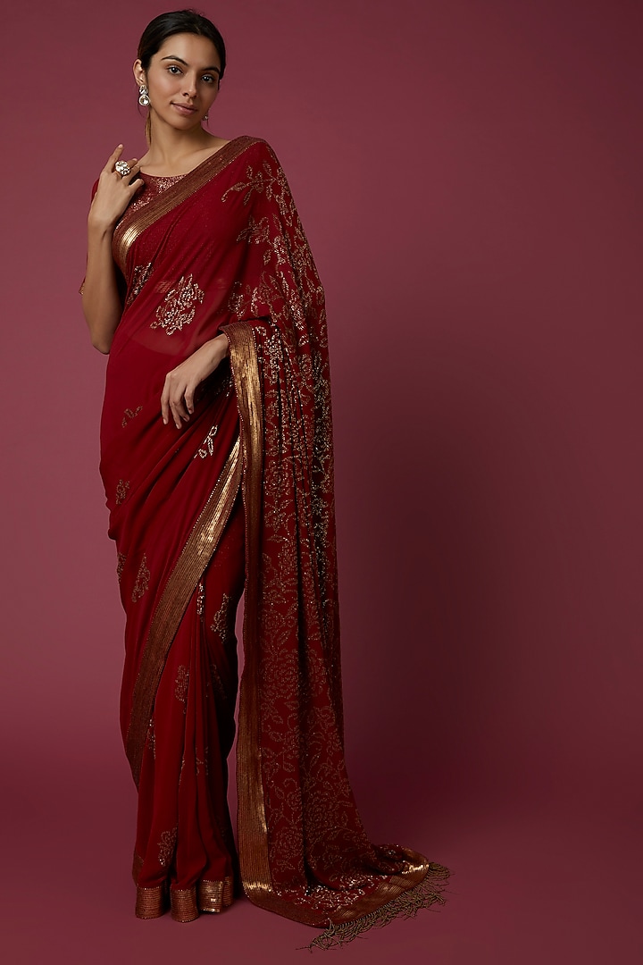 Red Embroidered Saree Set by Nakul Sen