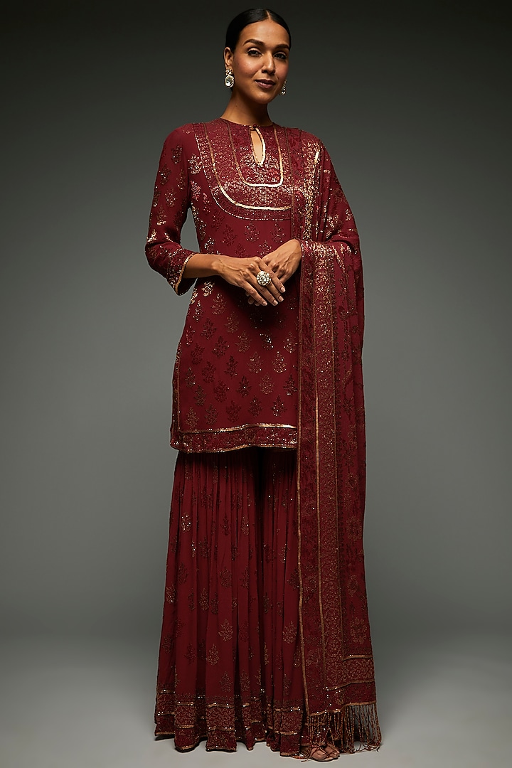 Red Silk Chiffon Embroidered Sharara Set by Nakul Sen