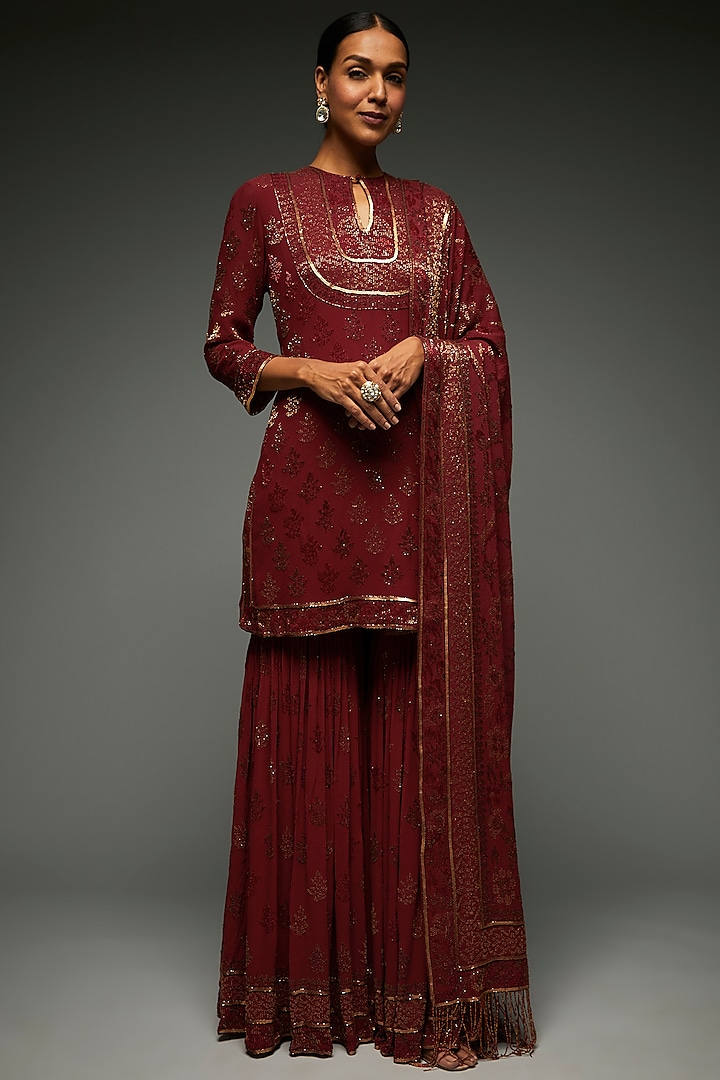 Red Silk Chiffon Embroidered Sharara Set by Nakul Sen at Pernia's Pop Up Shop