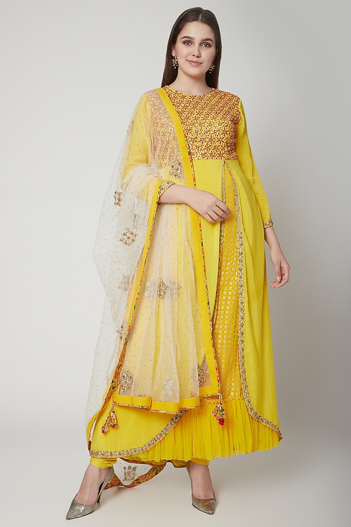 Pitambari Yellow Zardosi Embroidered Wedding Anarkali Set by Nikasha at Pernia's Pop Up Shop