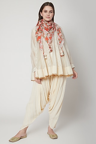 White Embroidered Hand Woven Dhoti Set by Nikasha