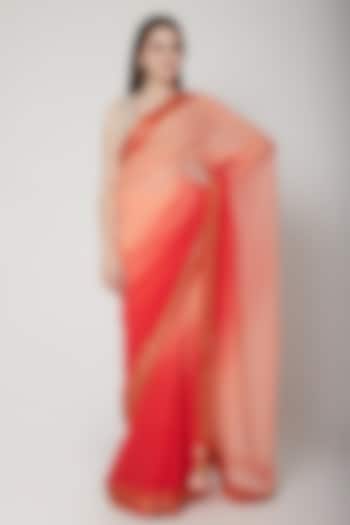 Coral & Salmon Pink Chiffon Alba Border Ombre Wedding Saree Set by Nikasha at Pernia's Pop Up Shop