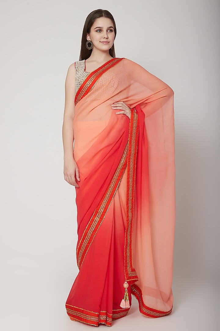 Coral & Salmon Pink Chiffon Alba Border Ombre Wedding Saree Set by Nikasha at Pernia's Pop Up Shop