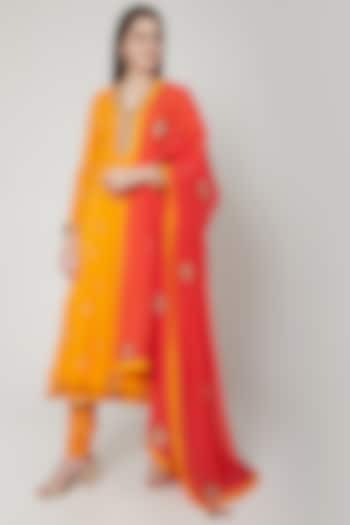 Peshawari Orange Embroidered Kurta Set by Nikasha