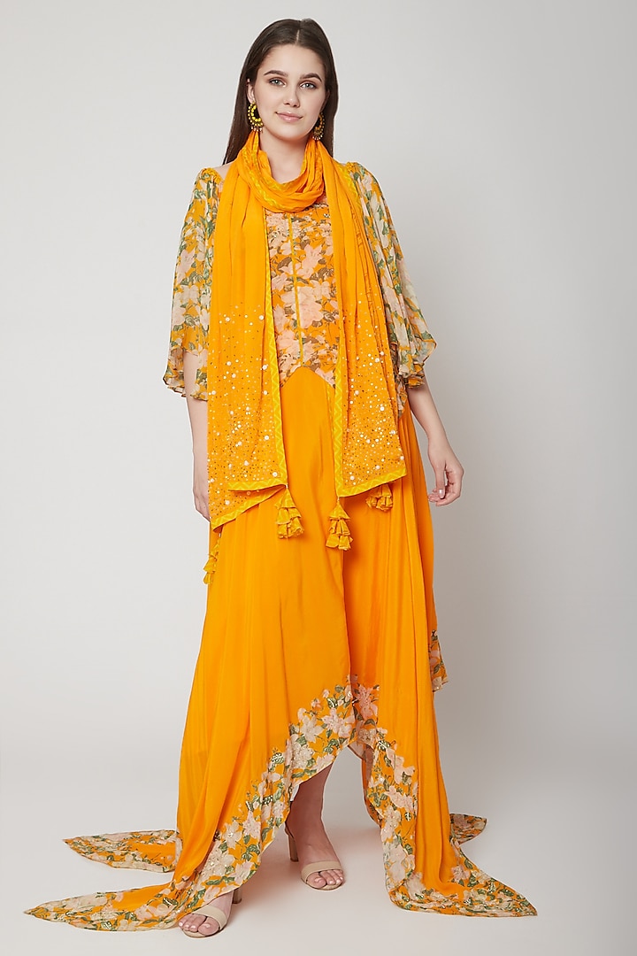 Orange Asymmetric Top With Skirt & Scarf by Nikasha