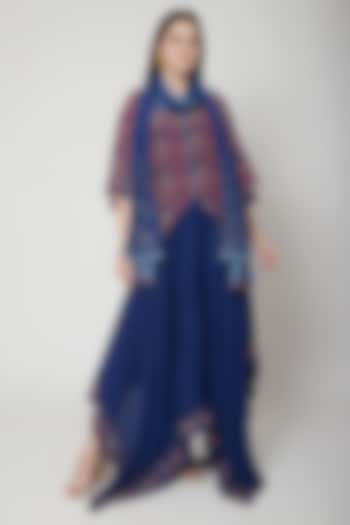 Lapis Blue Asymmetric Top With Skirt & Scarf by Nikasha