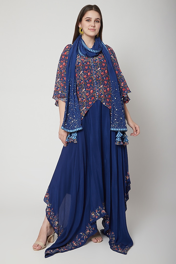 Lapis Blue Asymmetric Top With Skirt & Scarf by Nikasha