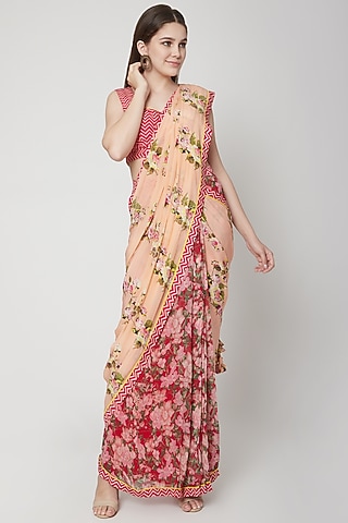 Rose Pink & Peach Printed Pre-Pleated Saree Set by Nikasha