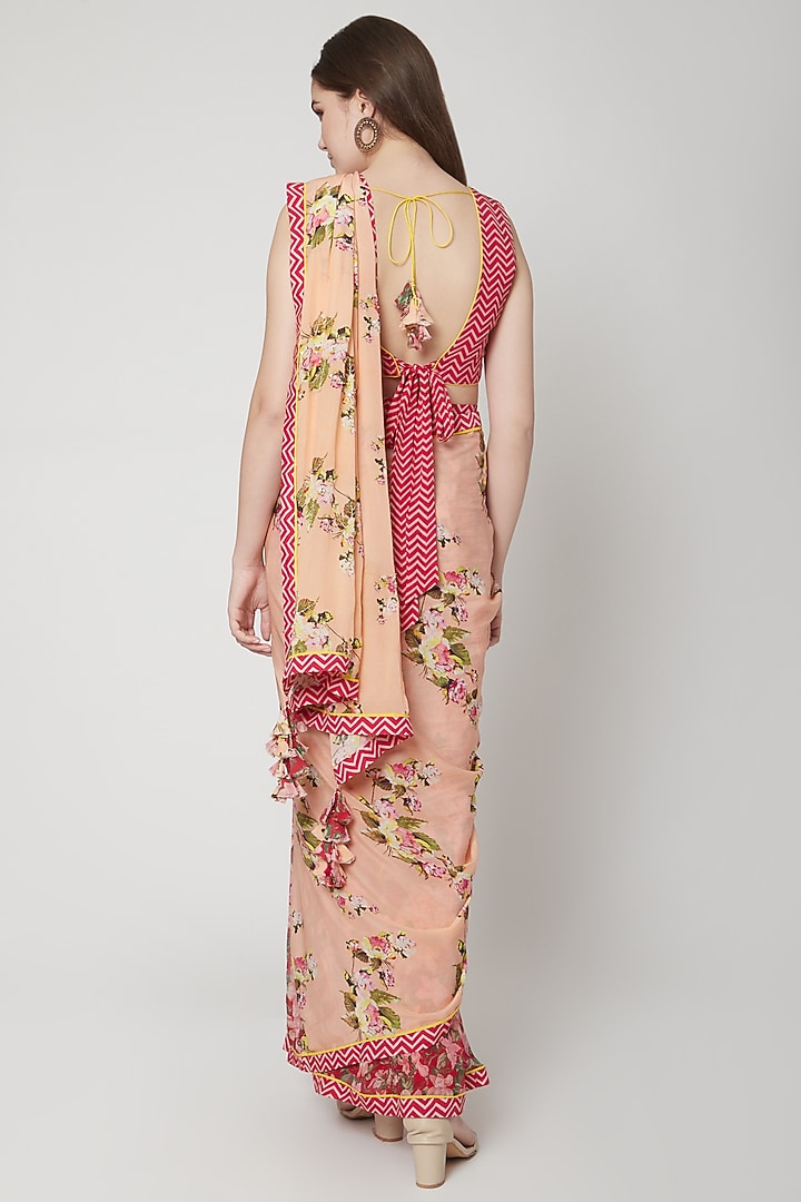 Rose Pink & Peach Printed Pre-Pleated Party Wear Saree Set by Nikasha at Pernia's Pop Up Shop