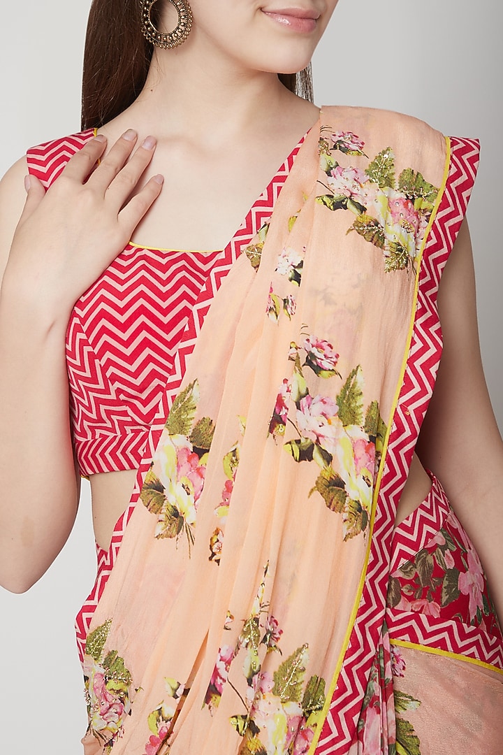 Rose Pink & Peach Printed Pre-Pleated Party Wear Saree Set by Nikasha at Pernia's Pop Up Shop