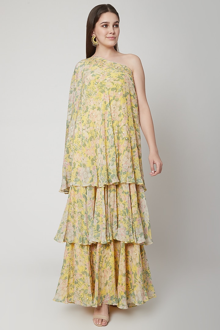 Yellow One Shoulder Printed & Embroidered Dress by Nikasha