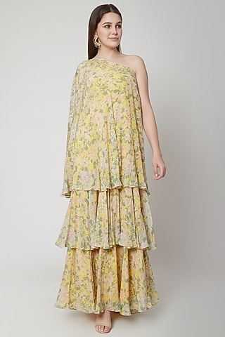 Yellow One Shoulder Printed & Embroidered Dress by Nikasha