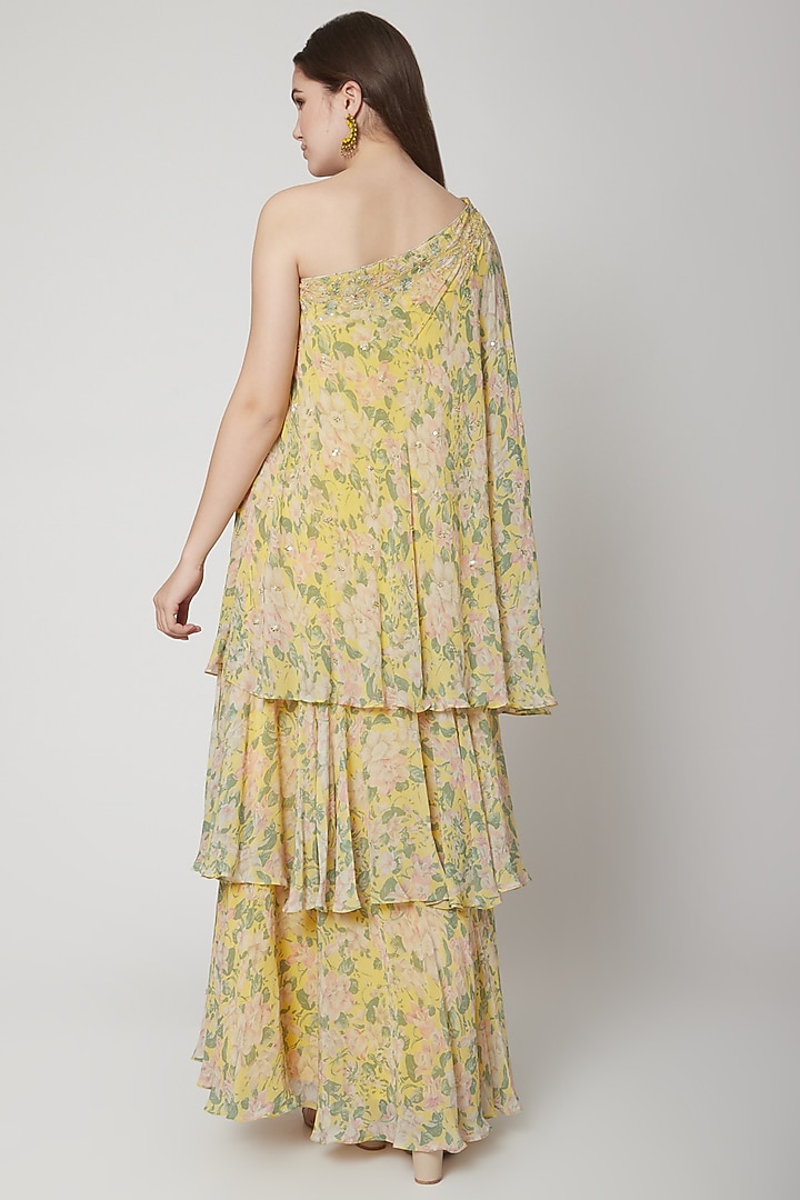 Yellow One Shoulder Printed & Embroidered Dress by Nikasha at Pernia's Pop Up Shop