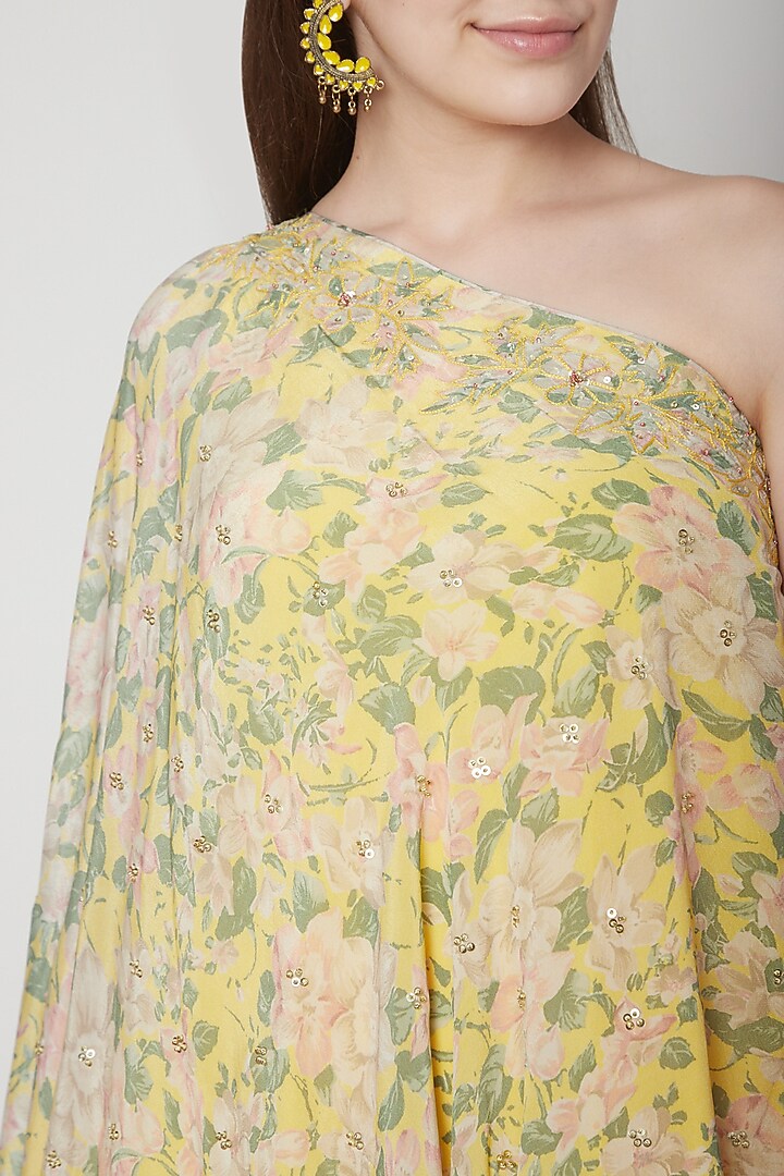 Yellow One Shoulder Printed & Embroidered Dress by Nikasha at Pernia's Pop Up Shop