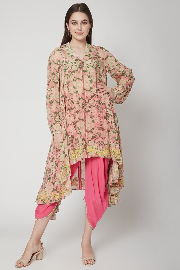 Old Rose Pink & Yellow Floral Printed Tunic With Pants by Nikasha