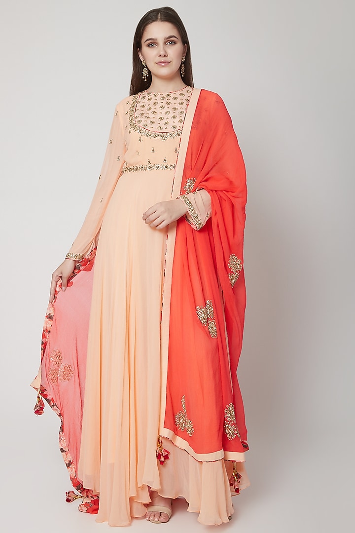Peach Embroidered Wedding Anarkali Set by Nikasha at Pernia's Pop Up Shop