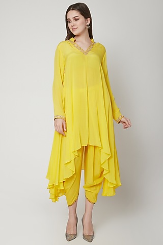 Pitambari Yellow Embroidered Dhoti Set by Nikasha