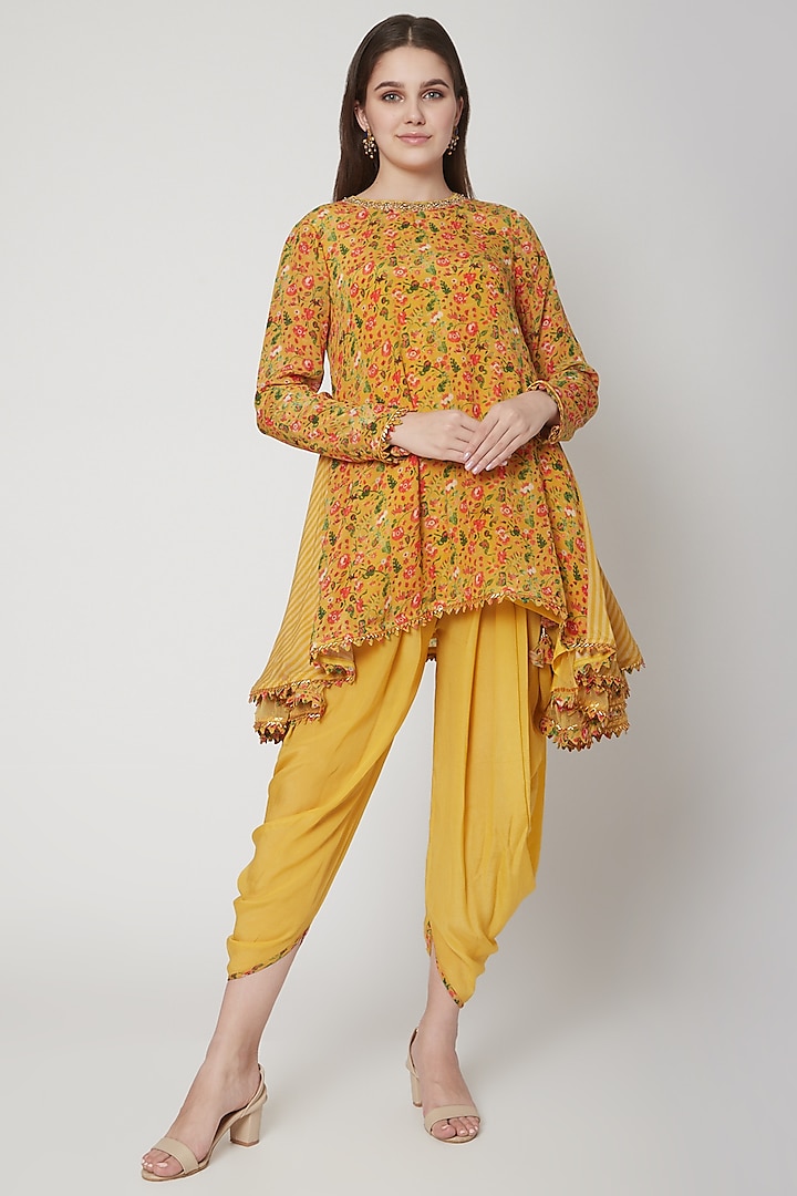Yellow Printed & Embroidered Dhoti Set by Nikasha