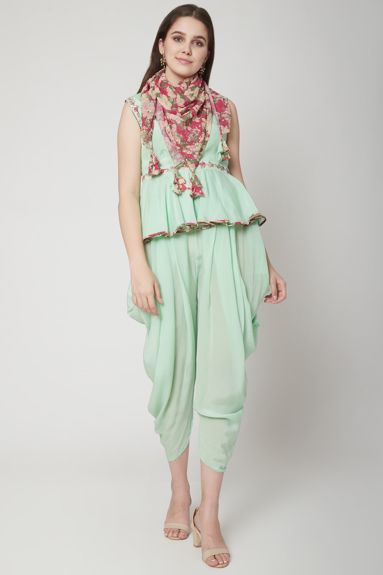 Pista Green Embroidered Dhoti Set With Scarf by Nikasha at