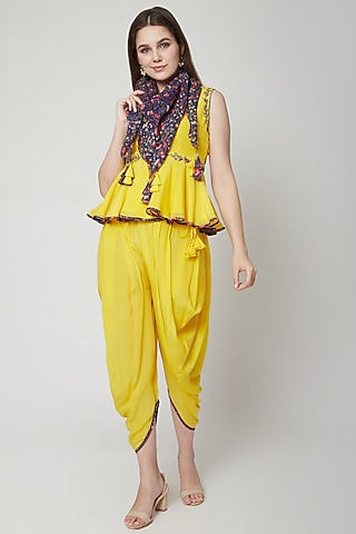 Pitambari Yellow Embroidered Dhoti Set With Scarf by Nikasha