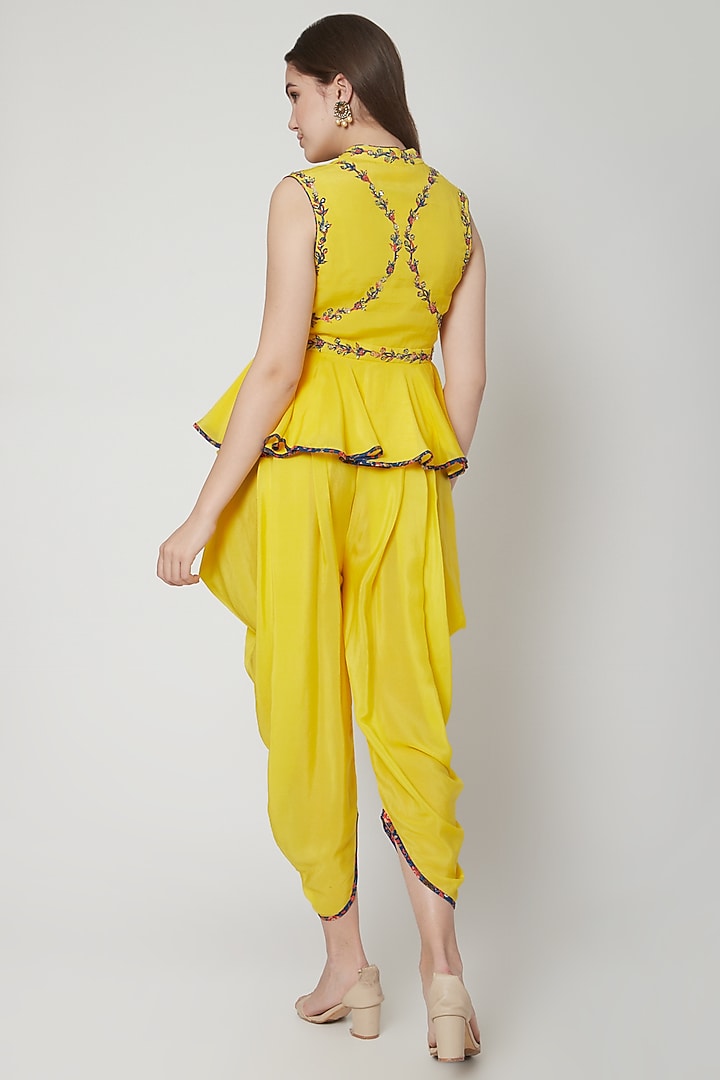 Pitambari Yellow Embroidered Dhoti Set With Scarf by Nikasha at Pernia's Pop Up Shop