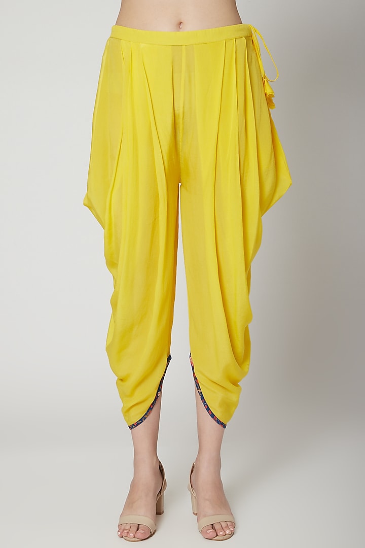 Pitambari Yellow Embroidered Dhoti Set With Scarf by Nikasha at Pernia's Pop Up Shop