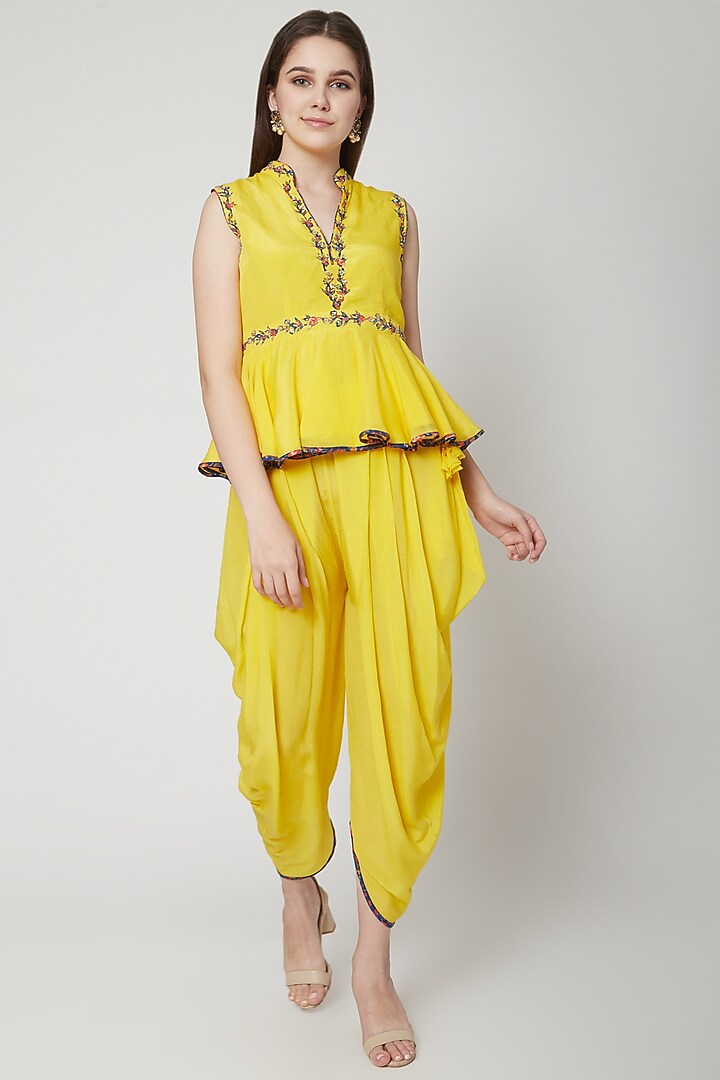 Pitambari Yellow Embroidered Dhoti Set With Scarf by Nikasha at Pernia's Pop Up Shop