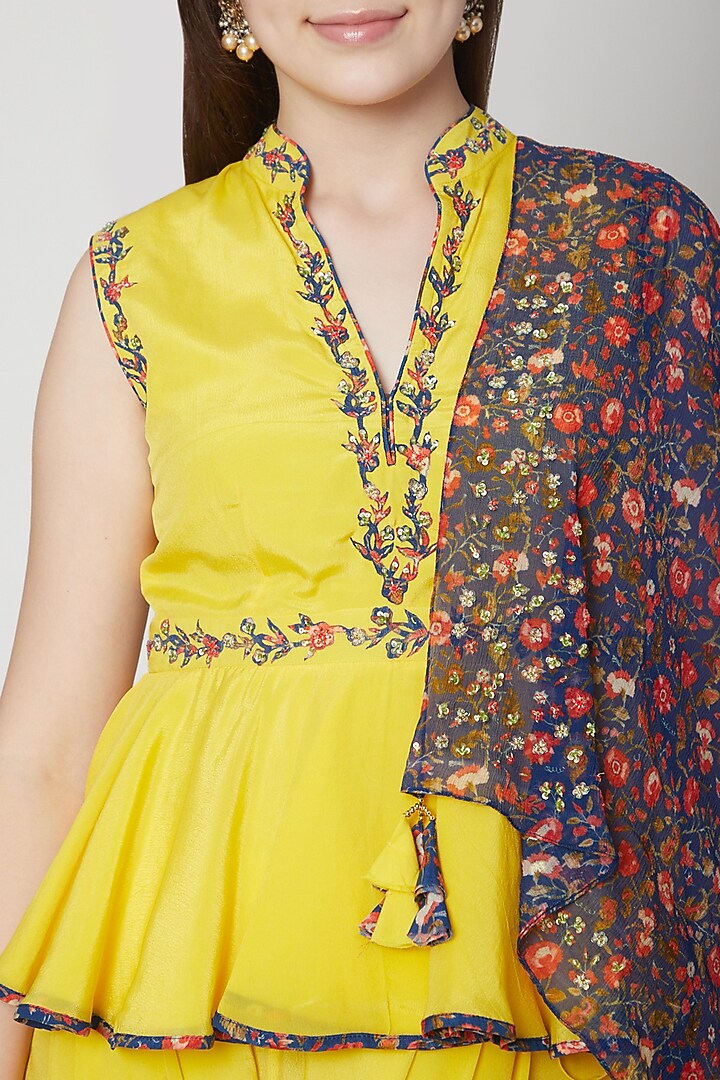 Pitambari Yellow Embroidered Dhoti Set With Scarf by Nikasha at Pernia's Pop Up Shop