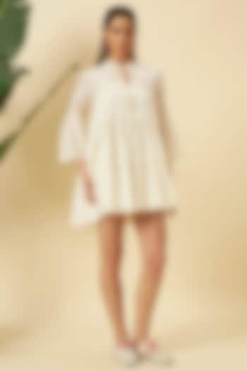 Ivory Jamdani & Cotton Embroidered Mini Vacation Dress by Nikasha at Pernia's Pop Up Shop