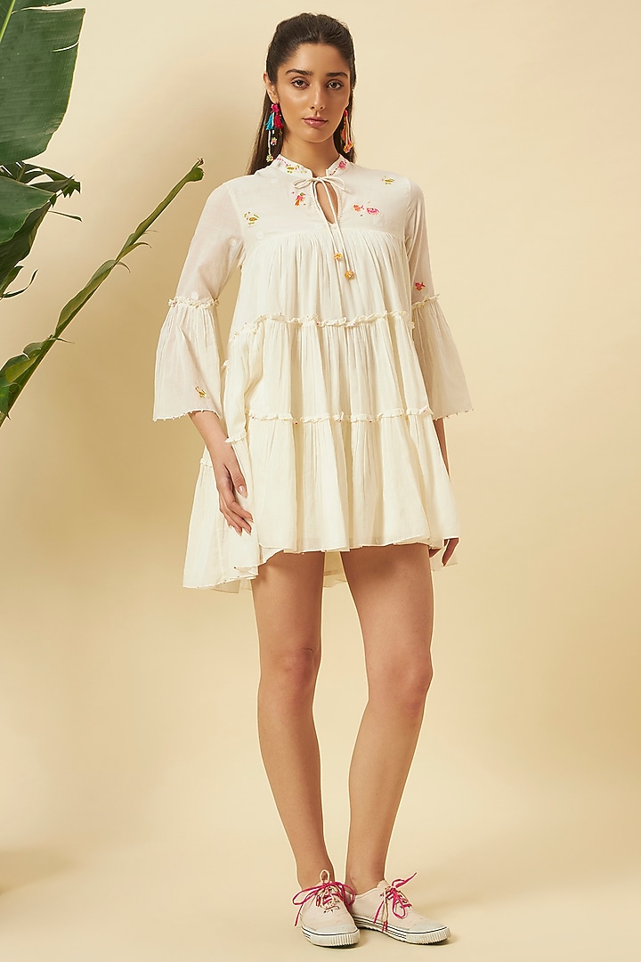 Ivory Jamdani & Cotton Embroidered Mini Vacation Dress by Nikasha at Pernia's Pop Up Shop