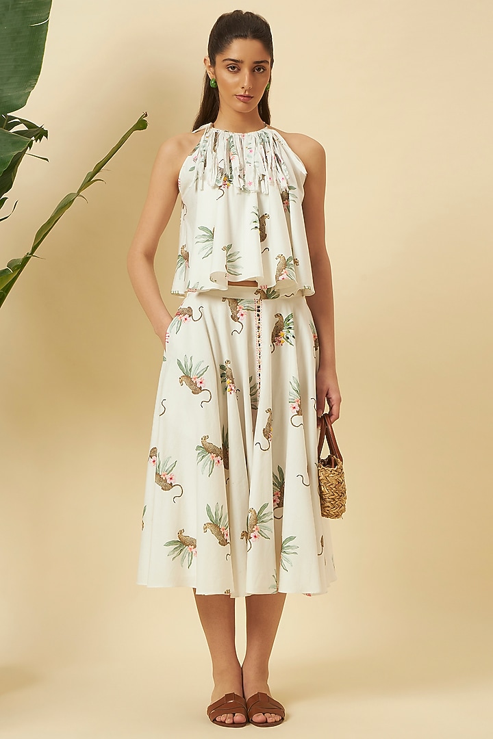 Ivory Cotton Cheetah Printed Skirt Set by Nikasha at Pernia's Pop Up Shop