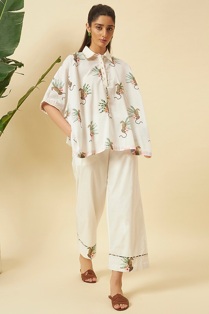 Ivory Cotton Poplin Cheetah Printed Co-Ord Set by Nikasha at Pernia's Pop Up Shop